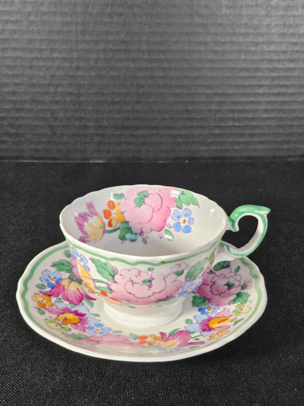 Crown Staffordshire, England Hand Painted Jacobean Style Floral Cup And Saucer